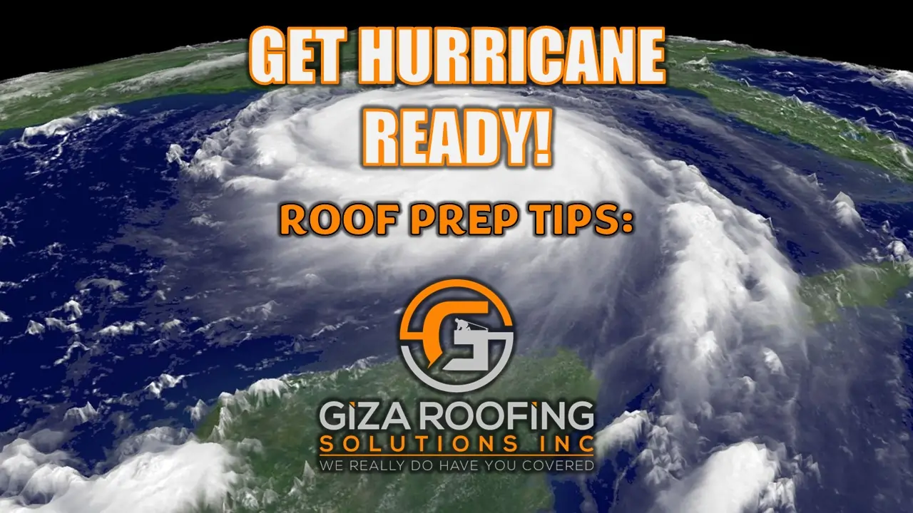 Hurricane Roof Preparation Tips Hurricane looms over the Earth with text "GET HURRICANE READY! ROOF PREP TIPS:".