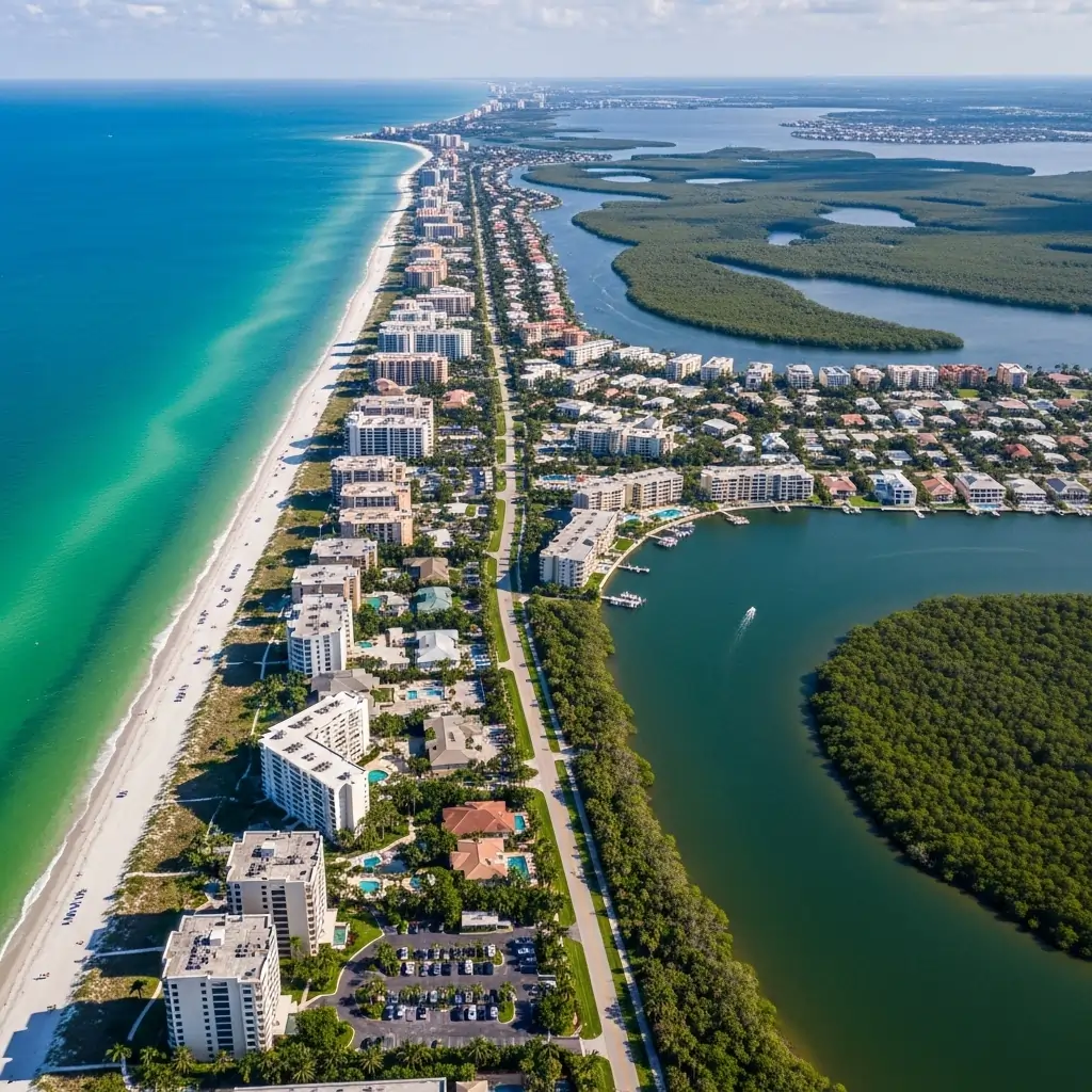 Aerial view of a narrow barrier island in Florida, showing a white sand beach and turquoise ocean on one side, and a bay with lush green mangroves on the other. Multi-story condominium buildings line the coast along a central road.