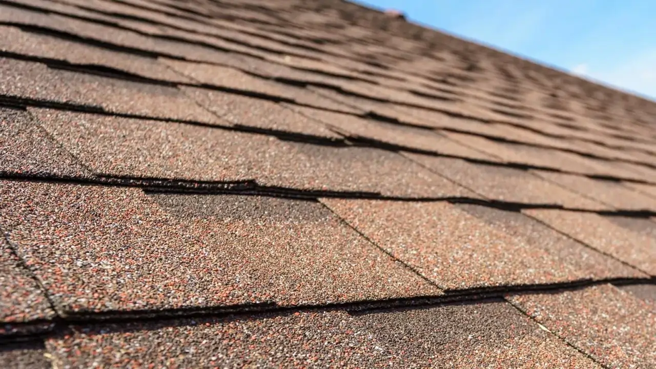 Asphalt Shingle Roof Close-up of overlapping brown asphalt roof shingles.
