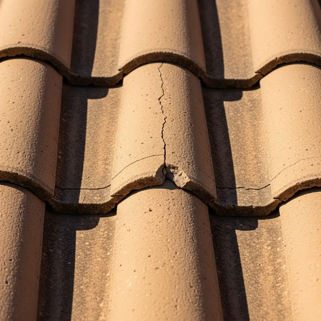 Close-up of a cracked brown roof tile, showing a vertical fracture down its center and wear on adjacent tiles.