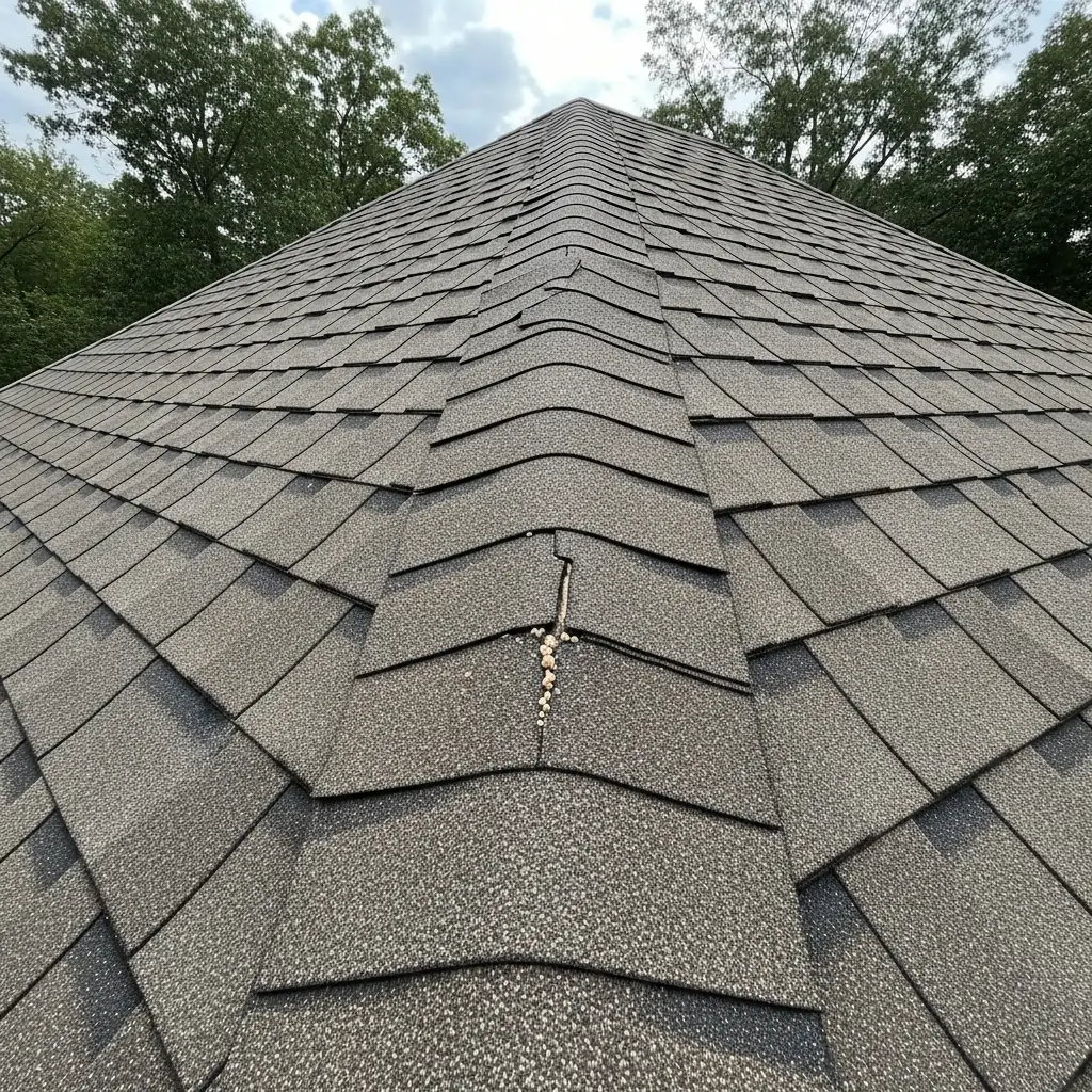 Damaged architectural shingles on a roof hip, showing a cracked and lifted shingle with debris underneath.
