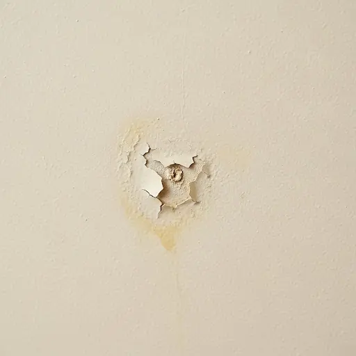 Damaged paintwork: A circular area of beige paint is bubbling and flaking off a wall or ceiling, showing signs of deterioration.