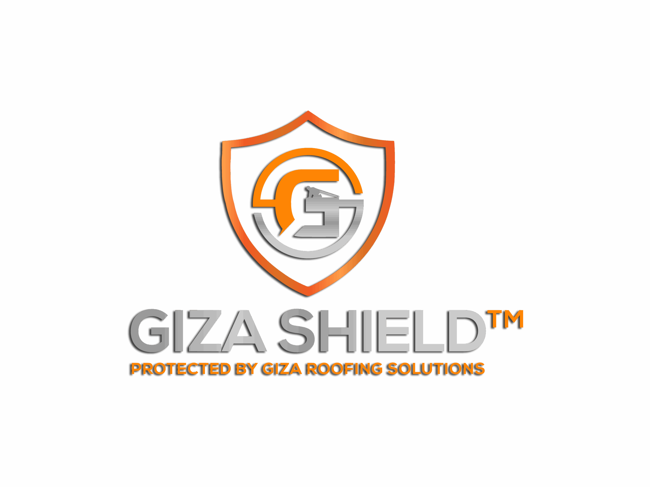 A logo on a black background featuring an orange and silver shield. Inside the shield, intertwined "G" and "S" initials are visible, with a small excavator or construction machine symbol integrated into the "G". Below the shield, the text "GIZA SHIELD™" in a silver-orange gradient and "PROTECTED BY GIZA ROOFING SOLUTIONS" in smaller white text are displayed.