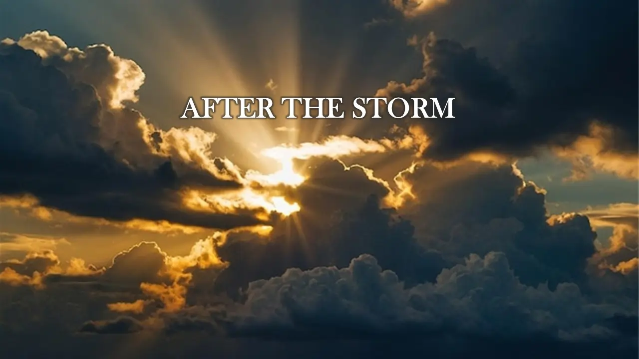 Rays of sunlight pierce through a dramatic, cloudy sky, illuminating the words "AFTER THE STORM" in the center.