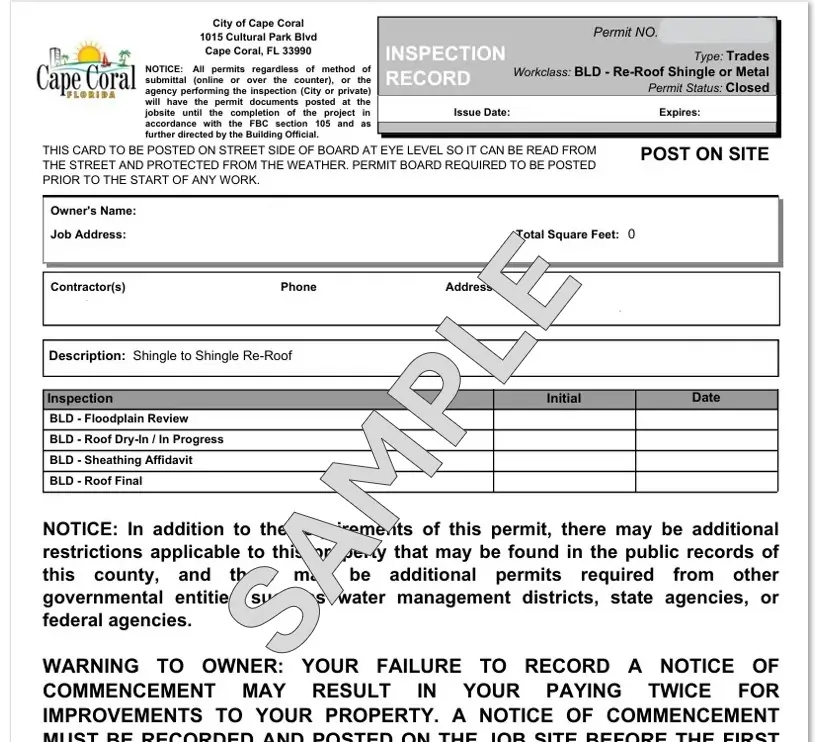 A blank Cape Coral, Florida building permit inspection record for a shingle-to-shingle re-roof project. The document shows fields for owner, job address, contractor, and inspection details, with a prominent "SAMPLE" watermark.