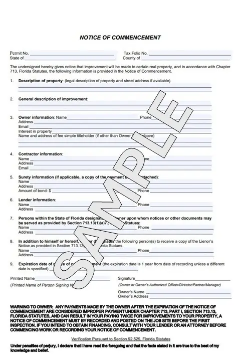 A sample of a blank Notice of Commencement form in Florida.