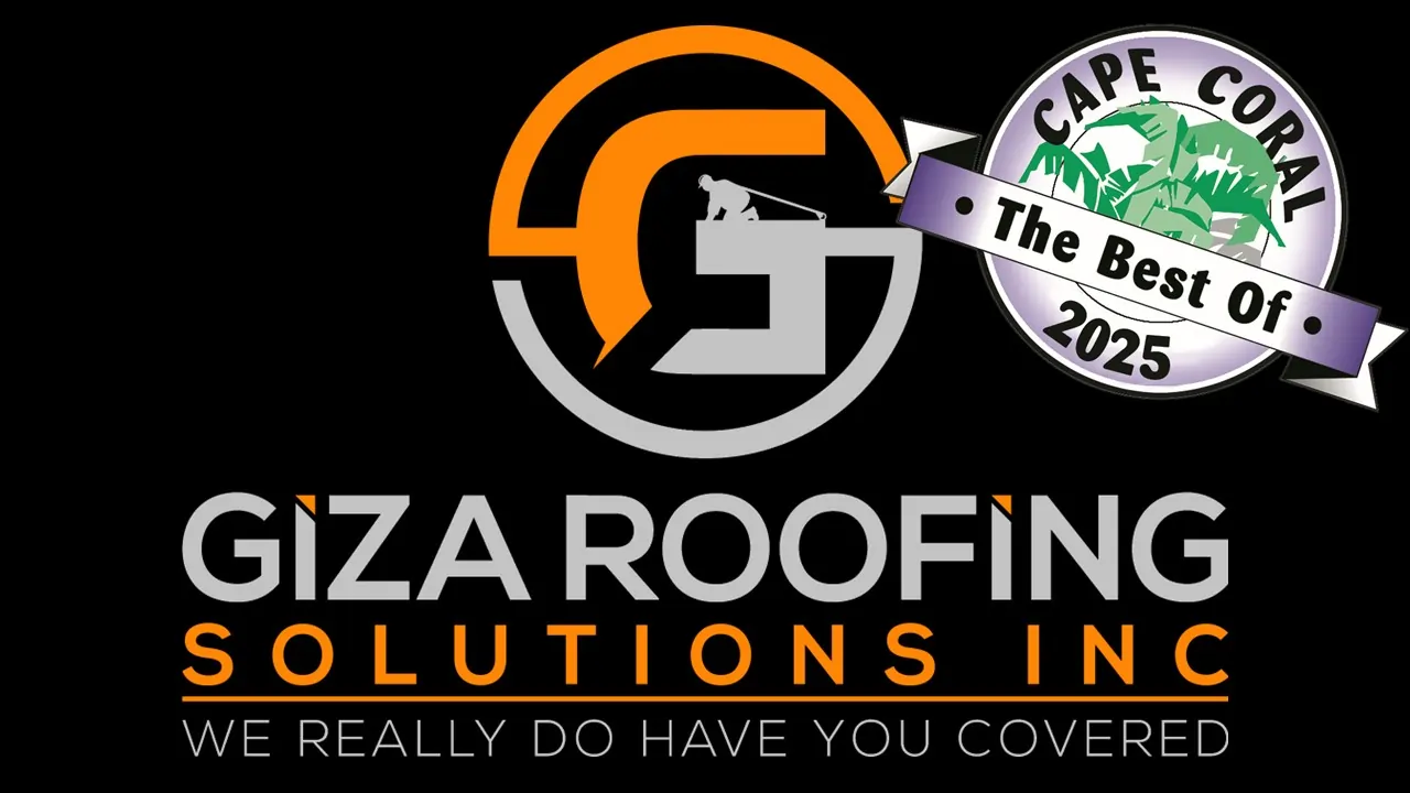 Giza Roofing Solutions Inc. logo, which is an orange and gray graphic forming a "G" and "S" shape, featuring a small silhouette of a worker on a roof. Beside it is a purple and white banner award seal for "The Best Of • 2025" Cape Coral.