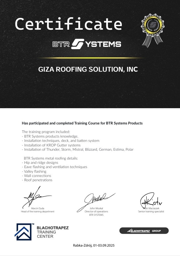Certificate of completion for GIZA ROOFING SOLUTION, INC. from BTR Systems for a product and installation training course.