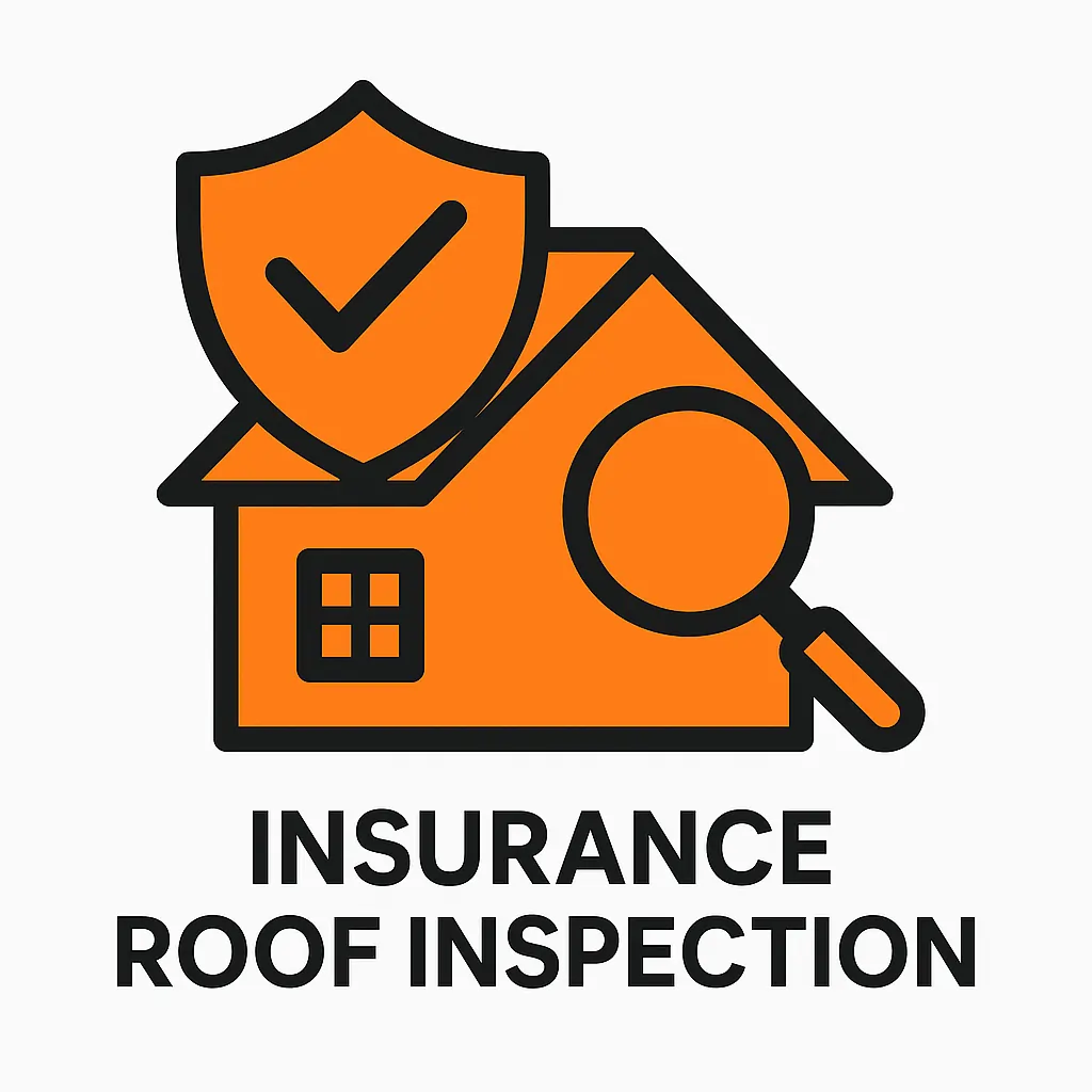 Orange and black icon showing a house with a magnifying glass and a shield featuring a checkmark, representing an insurance roof inspection.