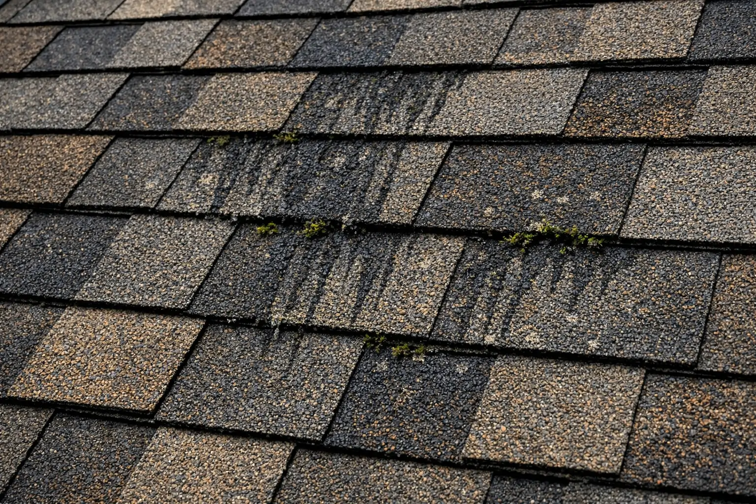 A detailed close-up of architectural asphalt roof shingles featuring dark vertical algae streaks and small patches of green moss growing in the crevices.