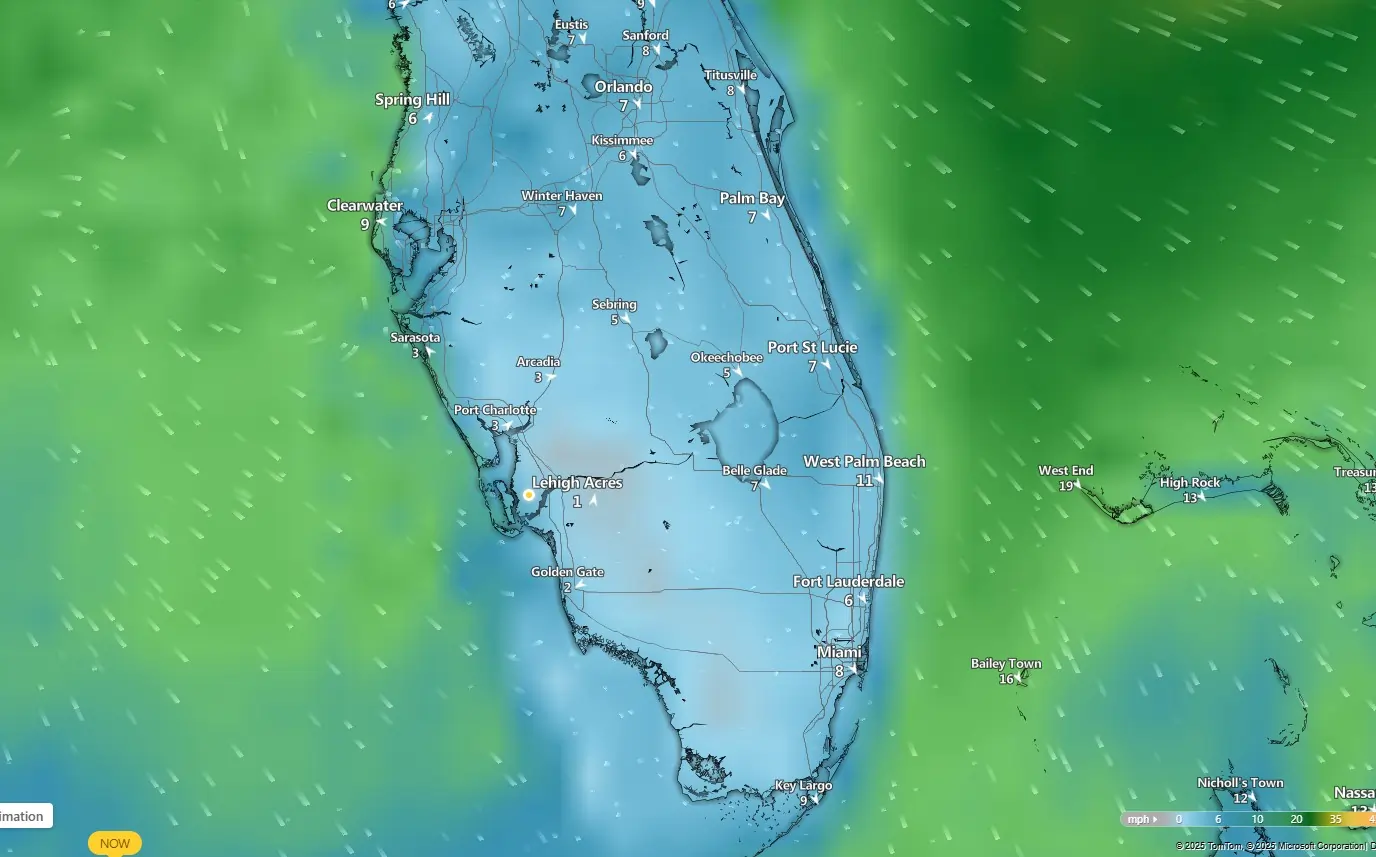 A wind speed map of the Florida peninsula, showing current wind conditions with a color overlay. Wind speeds are generally moderate (indicated by light green and blue) across the state. Specific cities like Miami, Fort Lauderdale, West Palm Beach, Orlando, and Tampa Bay are visible, with corresponding wind speeds in mph