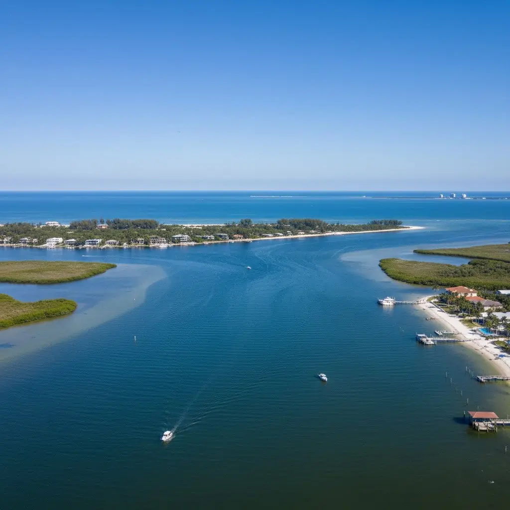 Aerial view of the Caloosahatchee River mouth emptying into the Gulf of America near Fort Myers and Sanibel Island, Florida.