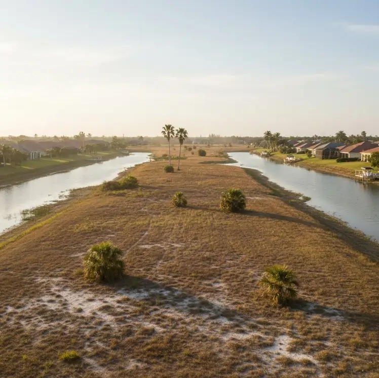An aerial view of a wide, sun-scorched grassy median between two narrow residential canals in Cape Coral, Florida, during the dry season. Sparse palm trees stand in the center, and single-story homes line the canal banks under a clear, hazy sky.