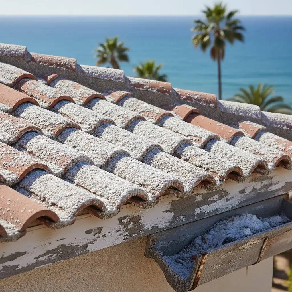 Close-up of clay roof tiles and a gutter completely covered in thick white salt and mineral deposits overlooking the ocean.