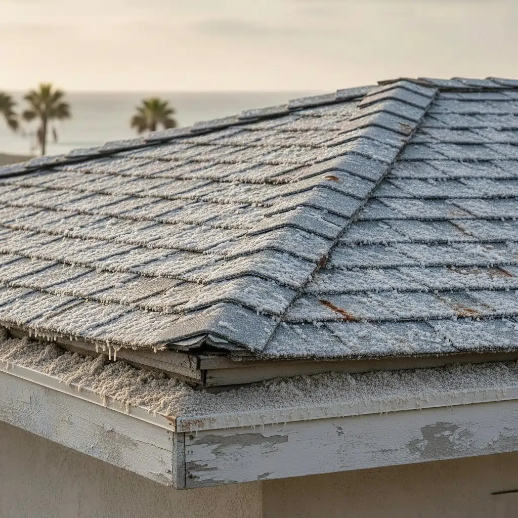 Close-up of a gray asphalt shingle roof and fascia covered in thick white salt and mineral deposits.