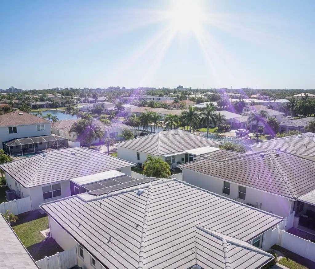 High-angle aerial view of a suburban neighborhood with white-walled homes, grey tiled roofs, palm trees, and a backyard canal under a bright sun.