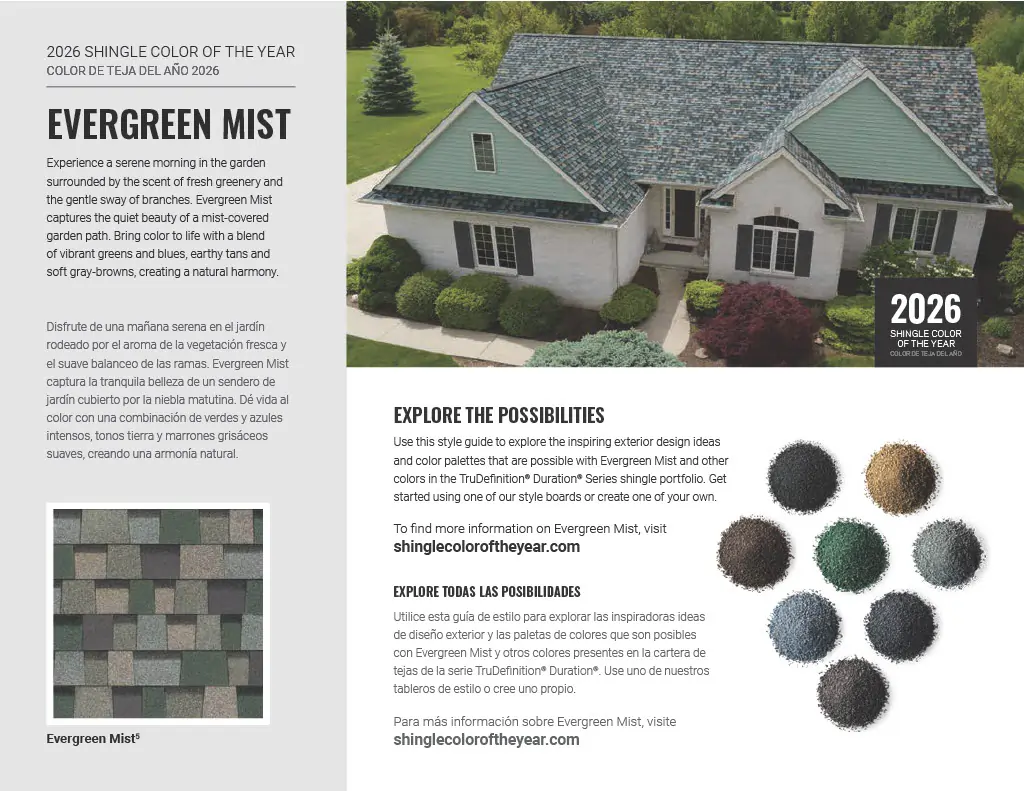 A promotional style guide for the Owens Corning 2026 Shingle Color of the Year, Evergreen Mist. The image features a white residential home with an Evergreen Mist shingle roof, descriptive text in English and Spanish, a close-up shingle swatch, and a circular arrangement of colorful roofing granules representing the TruDefinition Duration Series palette.