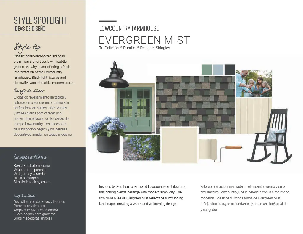 A promotional flyer for "Evergreen Mist," the Owens Corning 2026 Shingle Color of the Year. It features a large photo of a white residential home with an Evergreen Mist roof, a close-up shingle swatch, and a circular display of eight different colored roofing granules.
