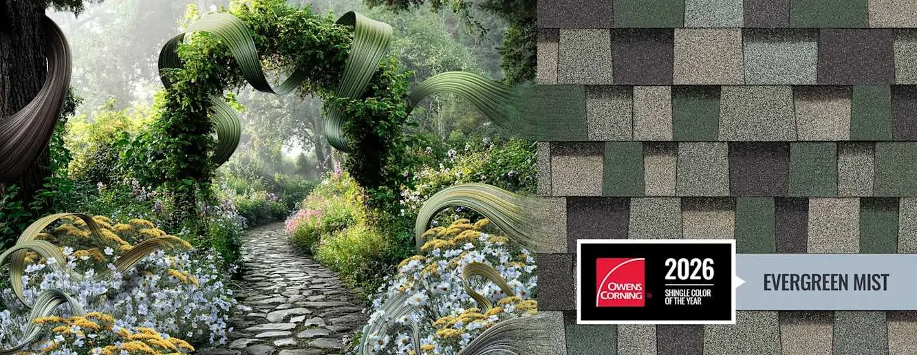 A promotional graphic for Owens Corning featuring the 2026 Shingle Color of the Year, "Evergreen Mist." On the left, a lush, whimsical garden path with stone pavers and green arched vines; on the right, a close-up texture of architectural shingles in shades of forest green, slate grey, and moss.