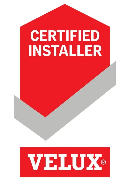 Official VELUX Certified Installer logo featuring a red badge and grey checkmark, signifying Giza Roofing Solutions' professional certification for skylight installation.
