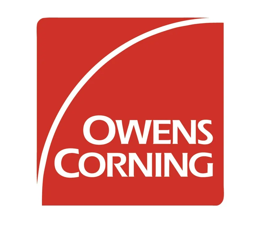 Owens Corning corporate logo featuring white text on a red square background with a white swoosh.