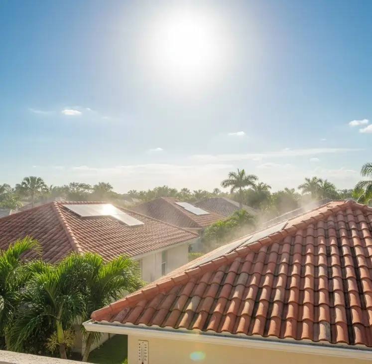 High-angle view of several houses with terracotta tile roofs and solar panels under a bright, hazy sun in a tropical neighborhood with palm trees.