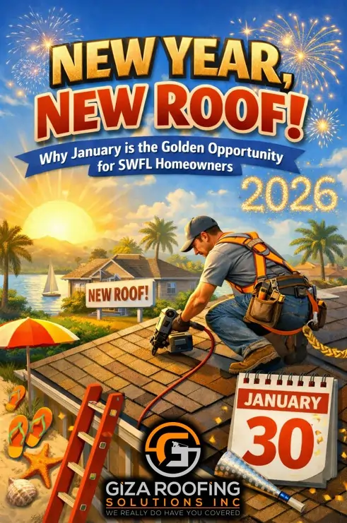 Digital illustration of a roofer installing shingles on a Florida home at sunset with fireworks, featuring the text "New Year, New Roof! 2026" and the Giza Roofing Solutions Inc. logo.