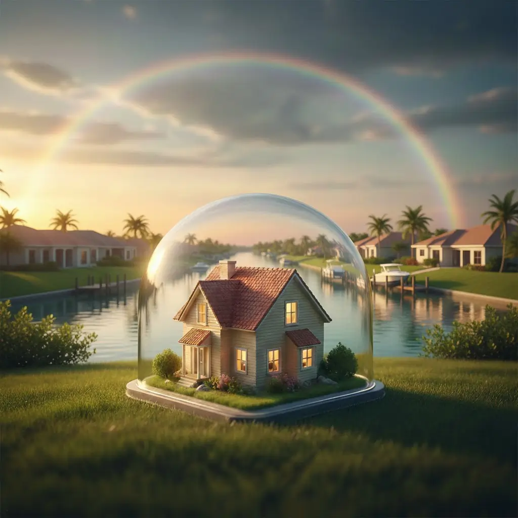 A small, cozy house with glowing windows encased in a protective glass dome, set against a waterfront neighborhood with a rainbow in the background.