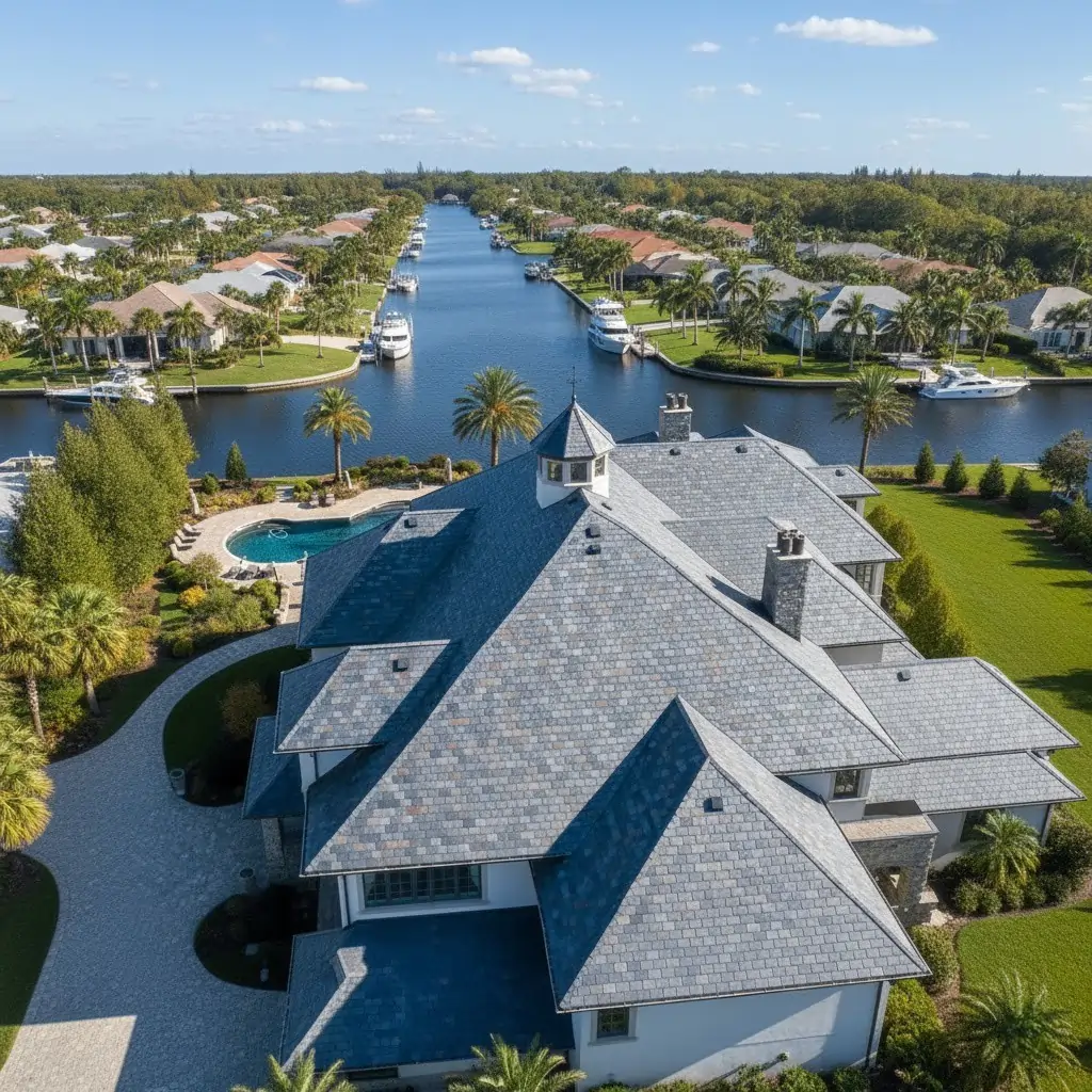 High-angle aerial view of a luxury estate with a grey slate roof and swimming pool, situated on a tropical canal lined with yachts and palm trees.