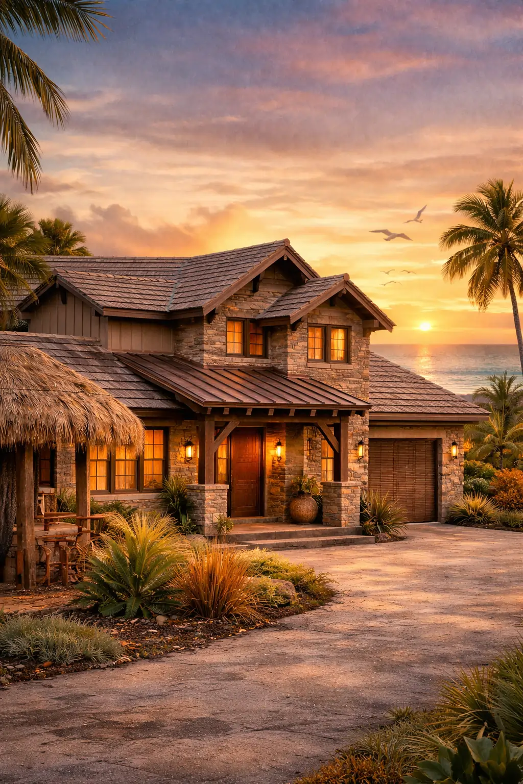 A two-story stone and wood luxury house at sunset, featuring a thatched-roof tiki hut, palm trees, and a view of the ocean horizon under a golden sky with birds.