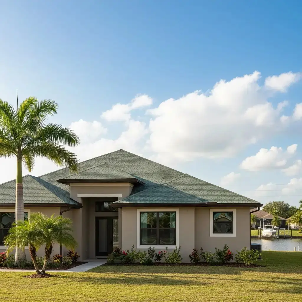 A modern Florida home featuring a new green asphalt shingle roof installed by Giza Roofing Solutions, framed by palm trees and a canal.