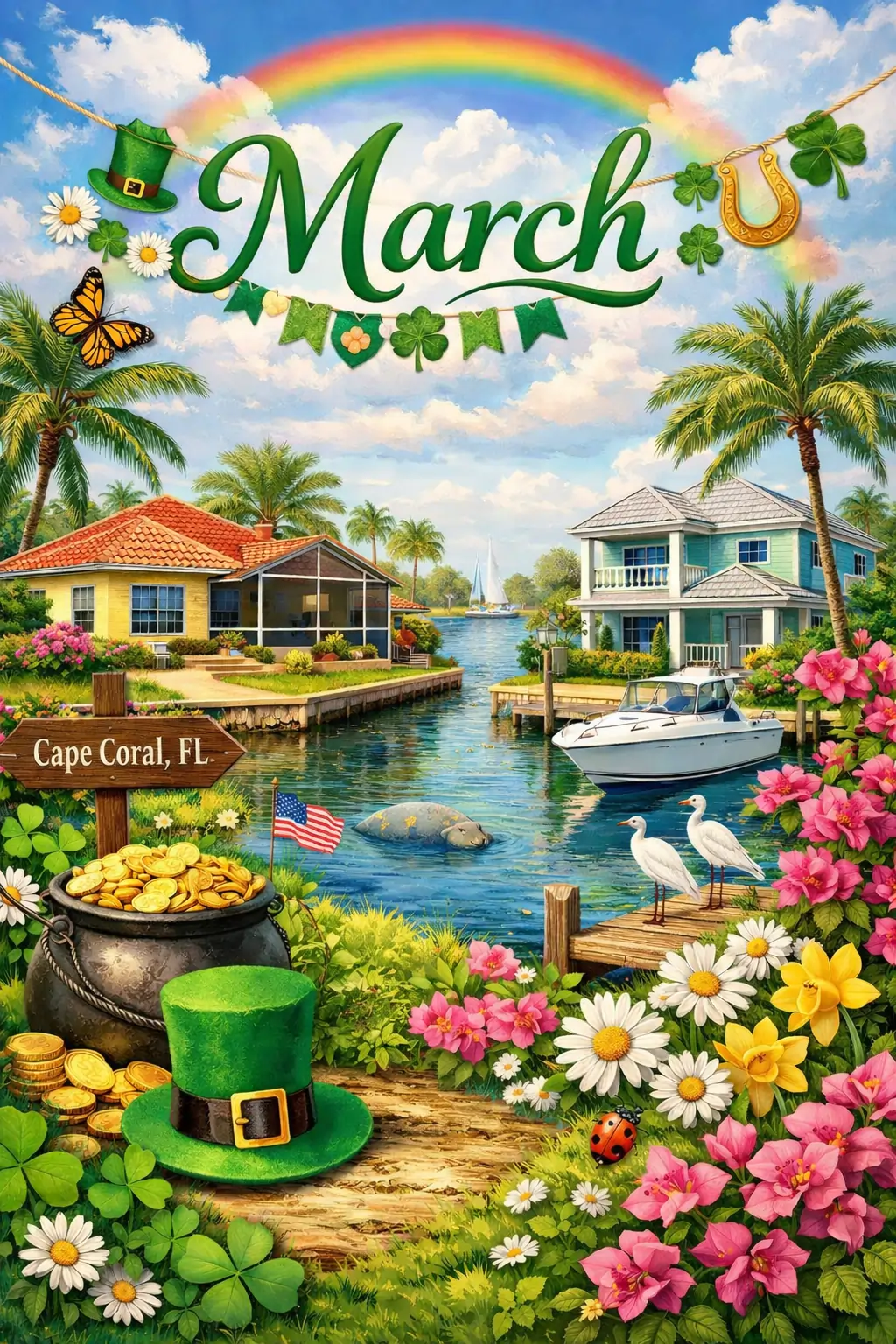 A festive St. Patrick's Day illustration of Cape Coral, Florida, featuring waterfront homes with tile and shingle roofs, a pot of gold, and tropical greenery under a rainbow.