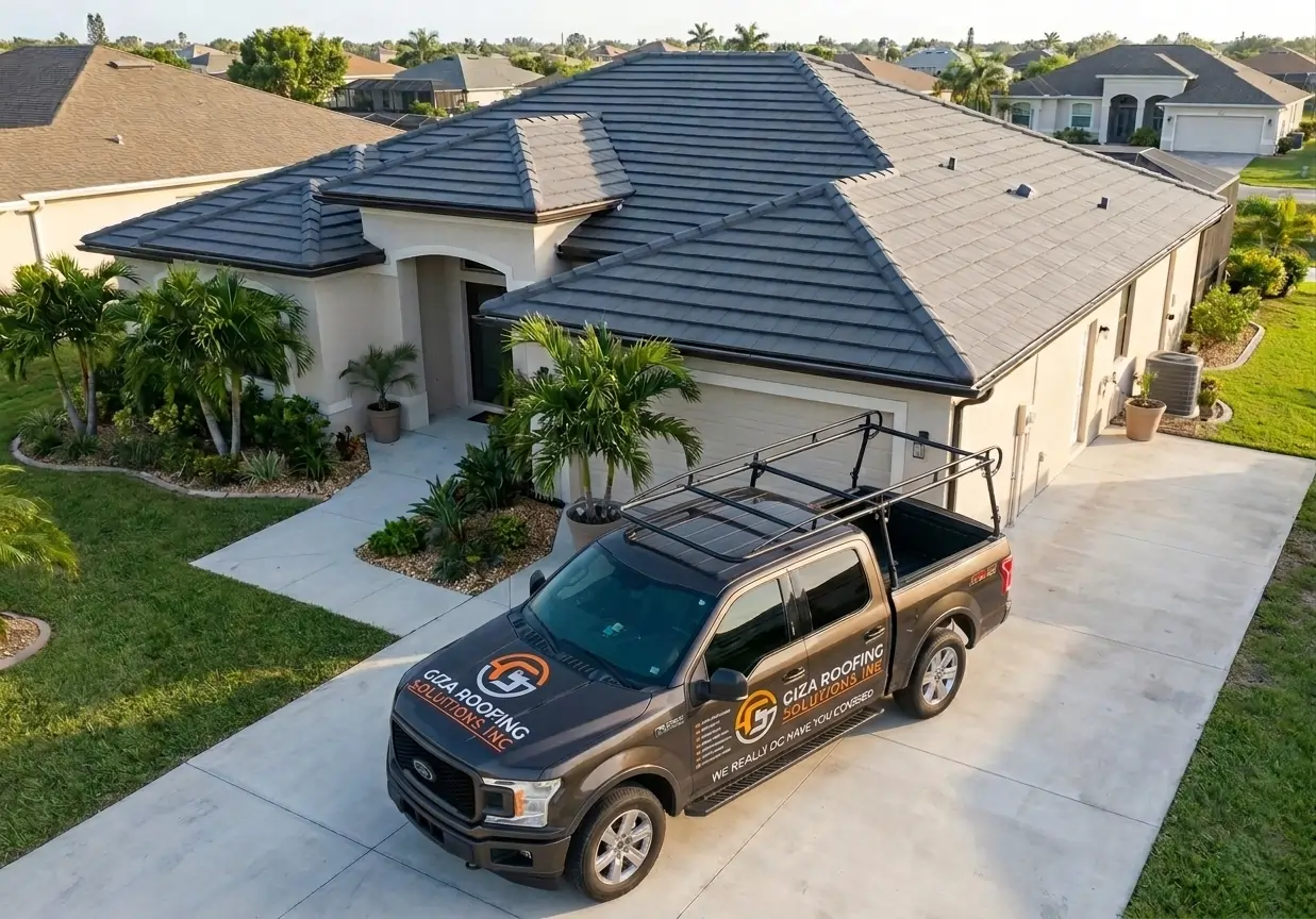 A black Ford F-150 service truck with "Giza Roofing Solutions Inc" branding parked in the driveway of a modern Florida-style home with a gray tile roof.