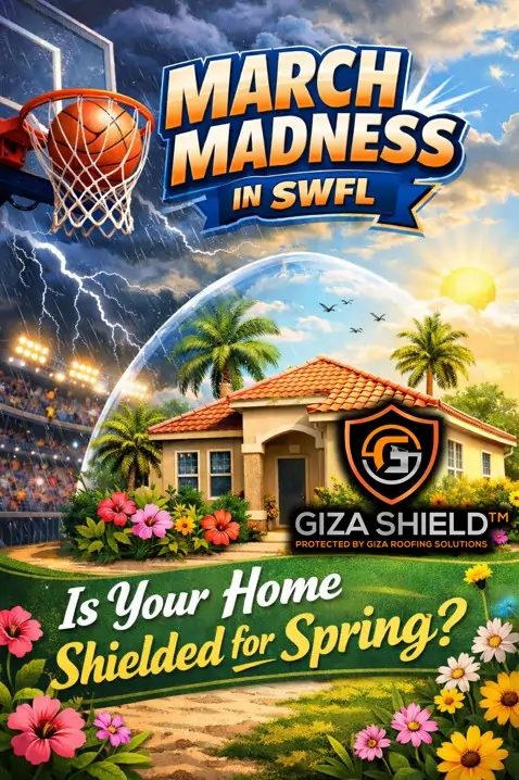 A suburban home in Southwest Florida protected by a glass "Giza Shield" dome, separating a sunny spring day from a dark thunderstorm and a March Madness basketball stadium.