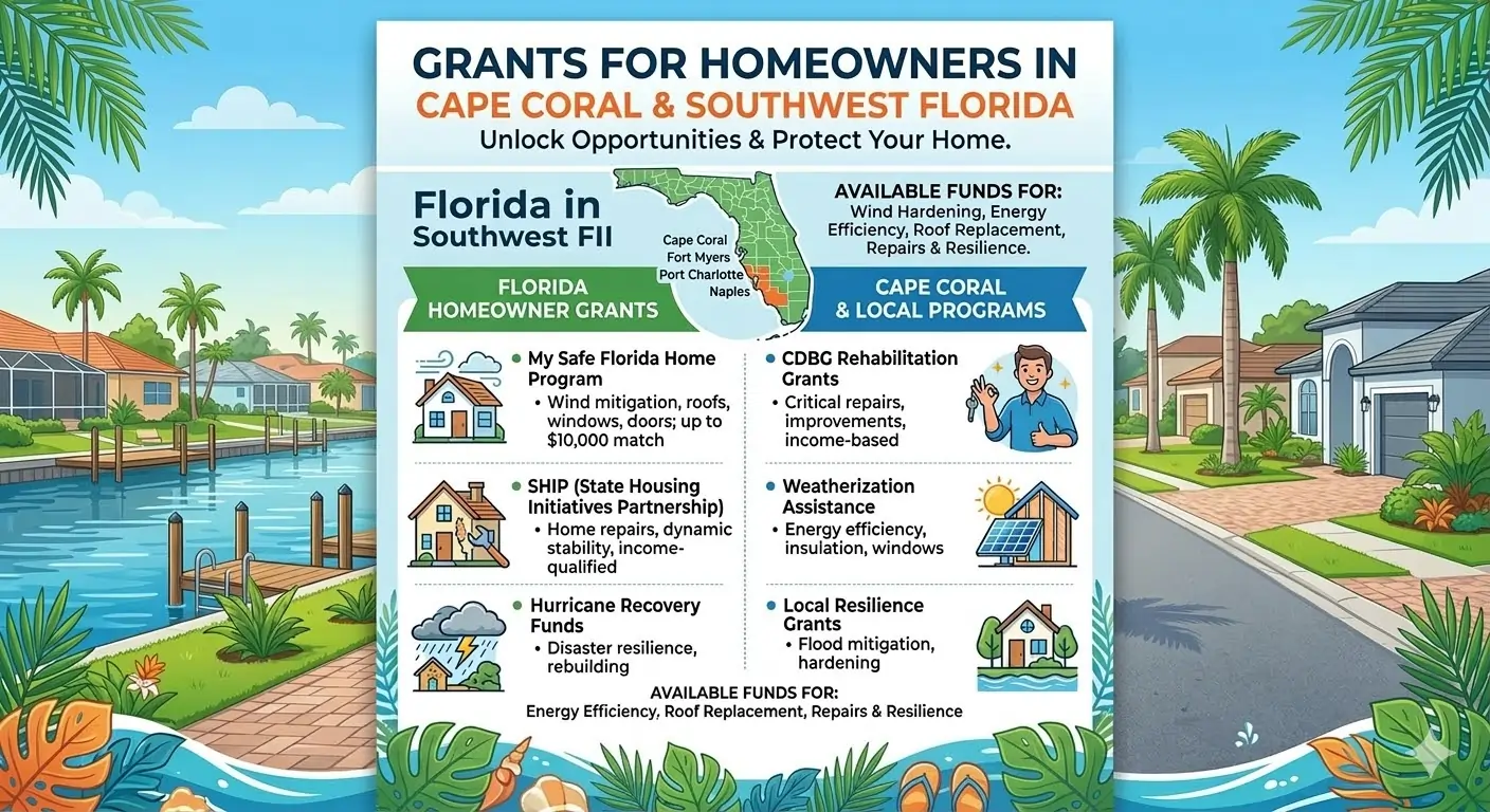 An illustrative infographic titled "Grants for Homeowners in Cape Coral & Southwest Florida." The graphic features a central map of Florida highlighting the southwest region, flanked by tropical coastal scenery. It lists several grant programs including My Safe Florida Home, SHIP, Hurricane Recovery Funds, CDBG Rehabilitation, Weatherization Assistance, and Local Resilience Grants.