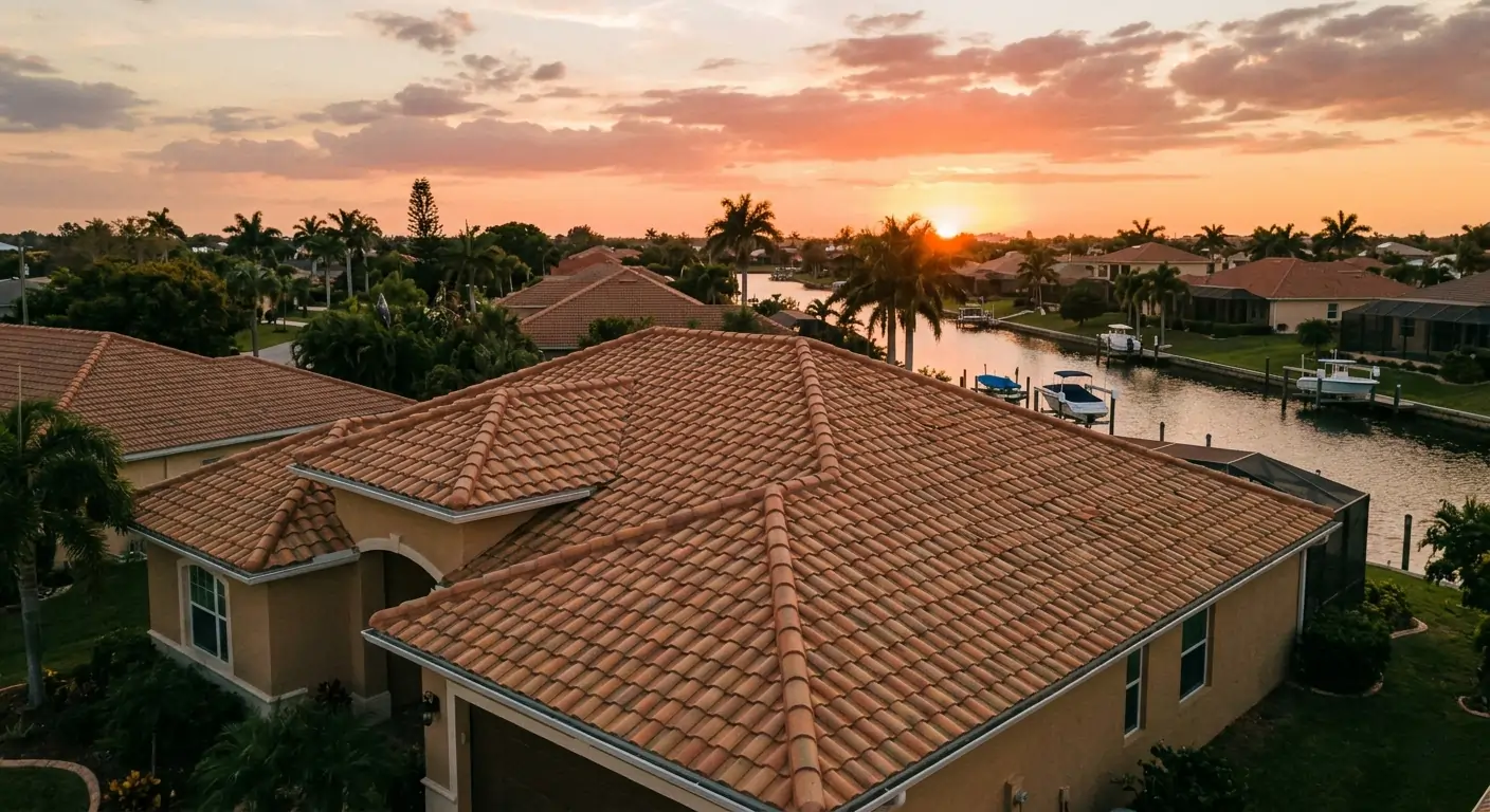 An aerial view of a suburban neighborhood at sunset featuring houses with terracotta tile roofs, palm trees, and a calm canal with docked boats under a vibrant orange sky.