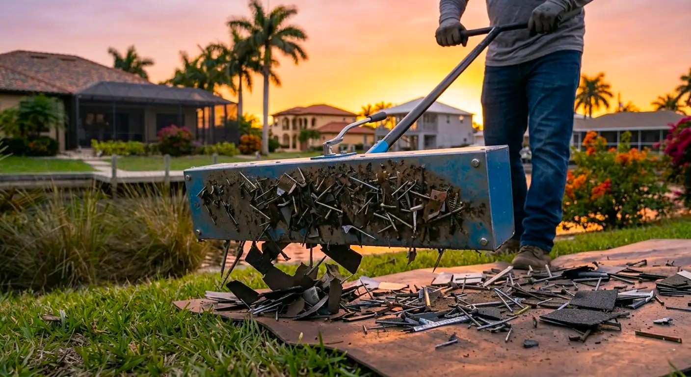 A person using a large blue magnetic sweeper to collect metal nails and construction debris from a grassy lawn in front of a coastal home at sunset.